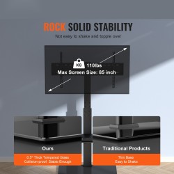 Lattialla seisova TV-teline 32–85 tuuman karkaistu lasijalusta kääntyvä korkeussäädettävä