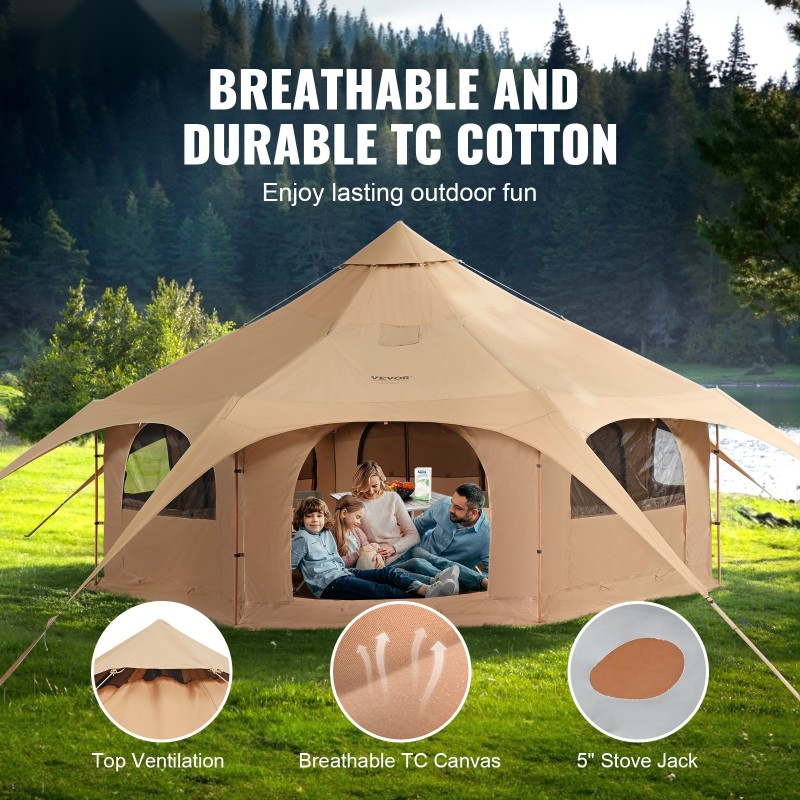 Kelloteltta 5 m hengittävästä TC-puuvillakankaasta 8 hengelle kamiinaventtiilillä