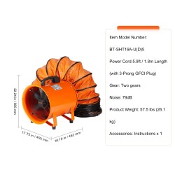 Poistoilmapuhallin 40,6 senttimetriä teräsrunkoinen kaksinopeuksinen 5 metrin joustava ilmanvaihtokanava