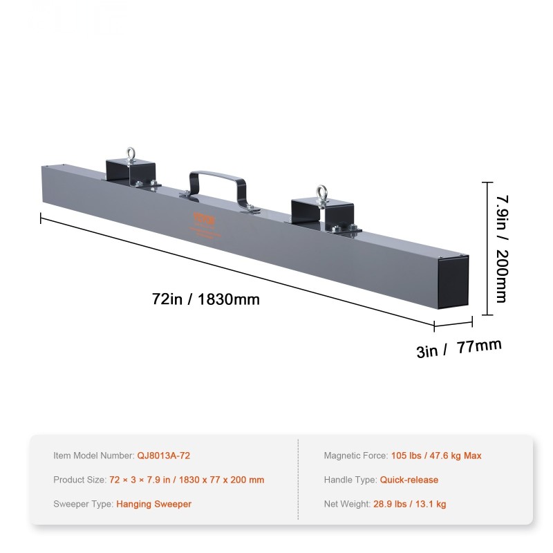 Ripustettava magneettinen harja 1830 mm 47,6 kg magneettivoima trukin haarukoihin