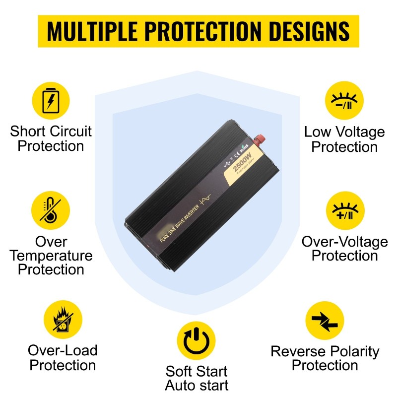 Puhdas siniaaltoinvertteri 2500W tasajännite 12V vaihtojännite 230V LCD-näytöllä USB-portilla ja kaukosäätimellä