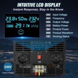 Puhdas siniaaltoinvertteri 3000 W 24V–230V alumiiniseosrunko LCD USB asuntoautoihin