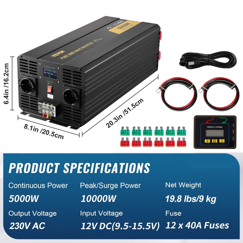 Puhdas siniaaltoinvertteri 5000W 12V 230V LCD näyttö USB kaukosäädin