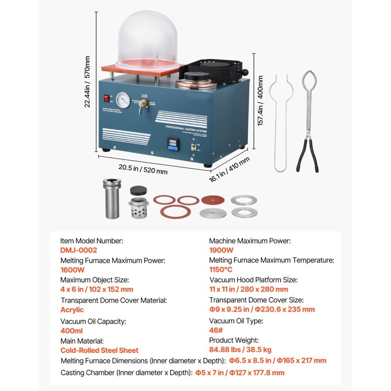 Tyhjiövalu- ja sulatuskone jalometalleille enimmäislämpötila 1150°C työtaso 280×280 mm