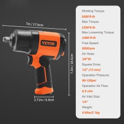 Paineilmaiskumutterinväännin 1,3 cm 1894,6 Nm 2,1 kg 11-osainen iskehylsysarja kantolaukku