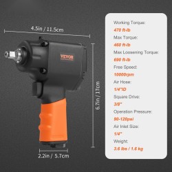 Paineilmakäyttöinen iskumutterinväännin 3/8 tuuman neliökiinnitys alumiinirunko 690 ft-lb irrotusmomentti