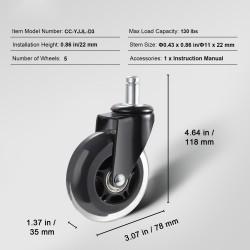 Toimistotuolin polyuretaanipinnoitetut pyörät 76 mm 5 kpl koville lattioille ja matoille