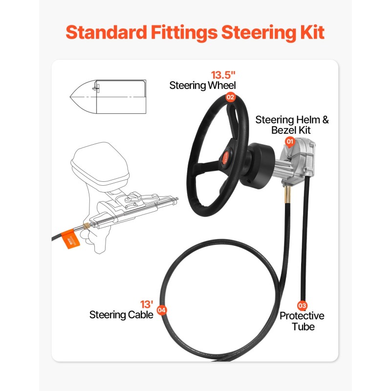 Ulkolaitemoottorin mekaaninen ohjausjärjestelmä 3,96 m ohjauskaapeli 13,5 tuuman pyörä alumiiniperäsin