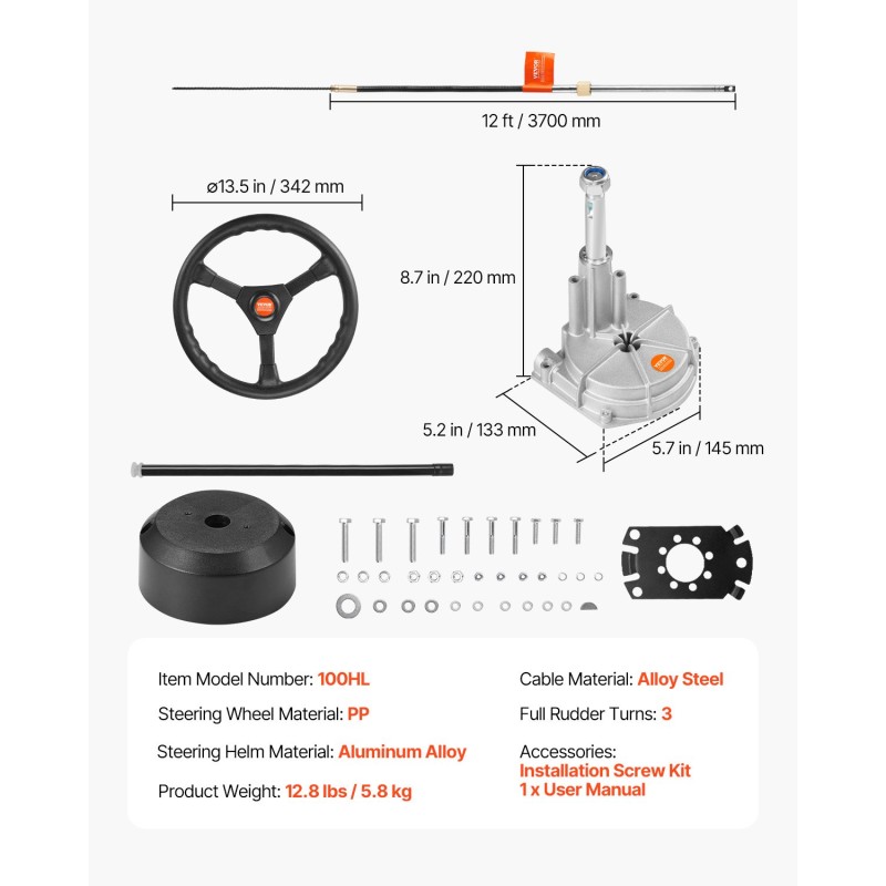 Mekaaninen veneen ohjauspaketti valuteräksestä ja ruostumattomasta teräksestä 13,5 tuuman ohjauspyörällä