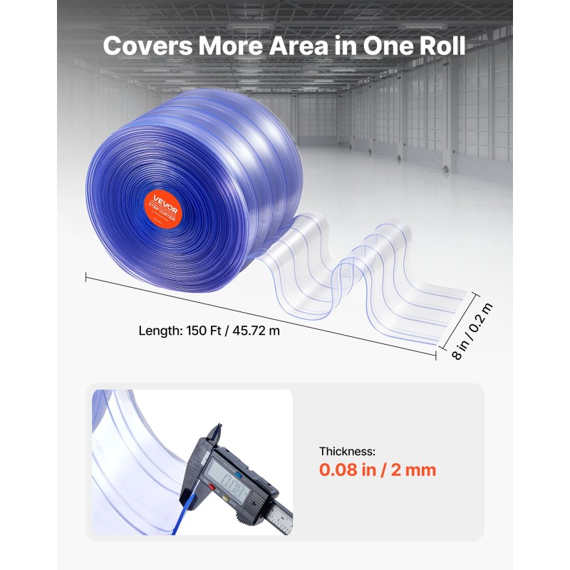 Läpinäkyvä PVC-liuskaverho rulla 45,7 m 20 cm liuskat kylmätiloihin