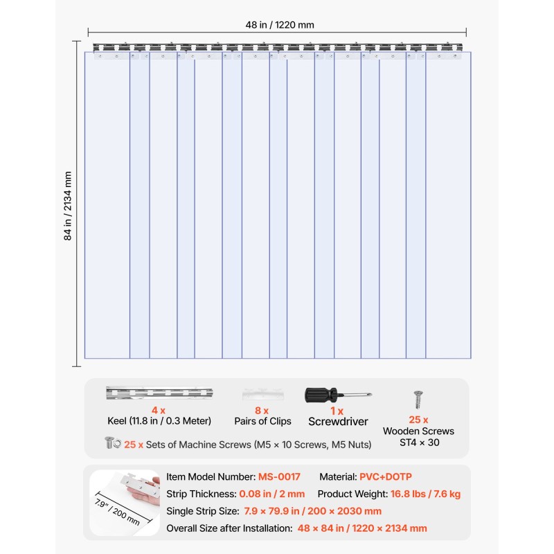 PVC liuskaverho 122 x 213 cm kylmätiloihin ja pakastetiloihin ruostumaton kisko