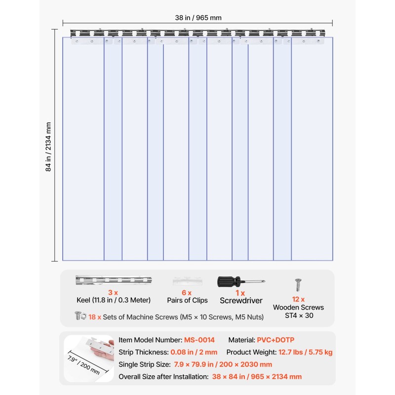 PVC-liuskaverho läpinäkyvä 96,5 x 213,4 cm 2 mm kylmiöihin ja varastoihin