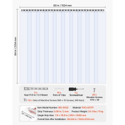 Läpinäkyvä PVC-kaistaverho 152,4×213,4 senttimetriä kylmä- ja pakastehuoneisiin ruostumattomalla kiinnityskiskolla