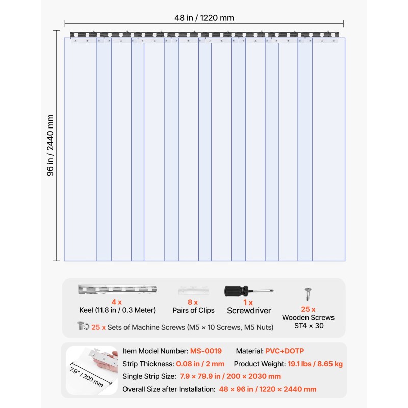 PVC-liuskaverho 122 x 244 cm läpinäkyvä kylmä- ja pakastehuoneisiin ruostumattomalla kannattimella