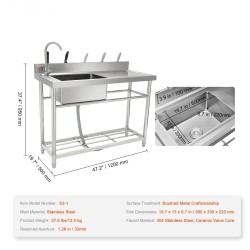 Pesuallas ruostumaton teräs vapaasti seisova yksialtainen integroidulla työtasolla 119,4x50x95 cm ammattikäyttöön