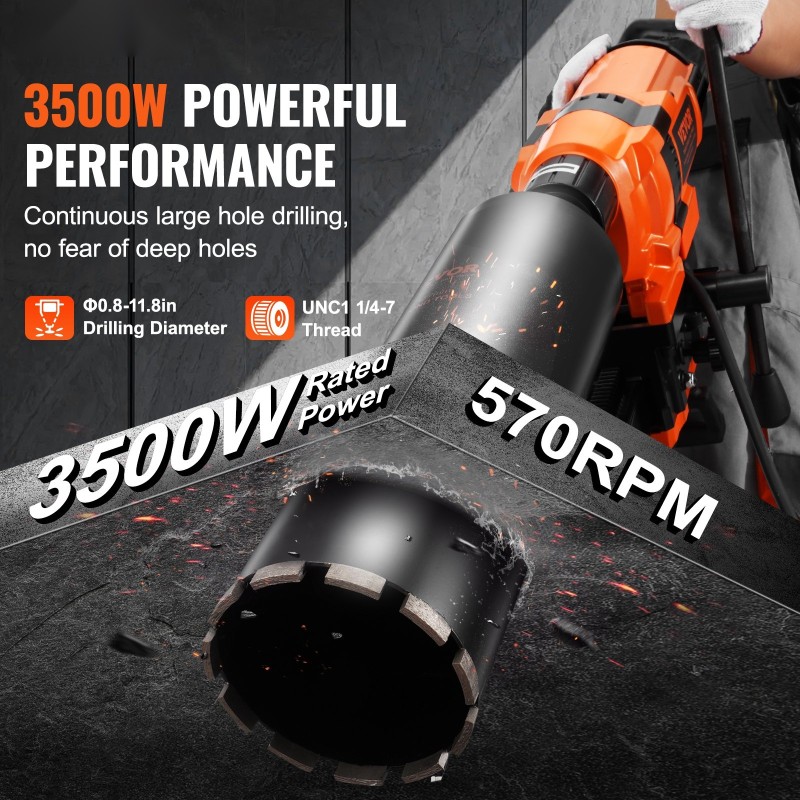 Ydinporakone 3500W 20–300 mm poraushalkaisija telineellä kuiva- ja märkäporaukseen