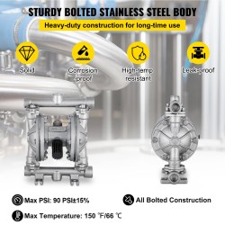 Ilmakäyttöinen kaksoiskalvopumppu ruostumattomalla teräsrungolla PTFE-kalvoilla matalaviskoosisille nesteille