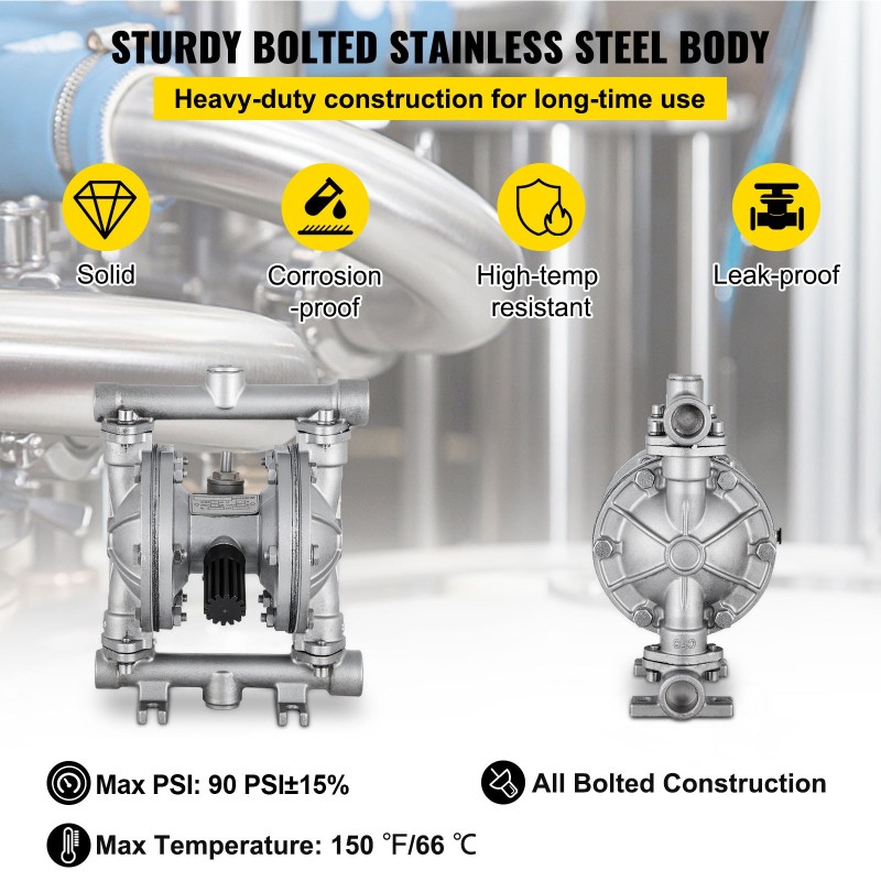 Ilmakäyttöinen kaksoiskalvopumppu ruostumattomalla teräsrungolla PTFE-kalvoilla matalaviskoosisille nesteille