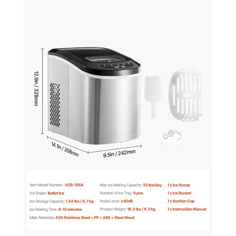 Pöytätason jääpalakone ruostumatonta terästä 33 paunaa päivässä 9 jääpalaa