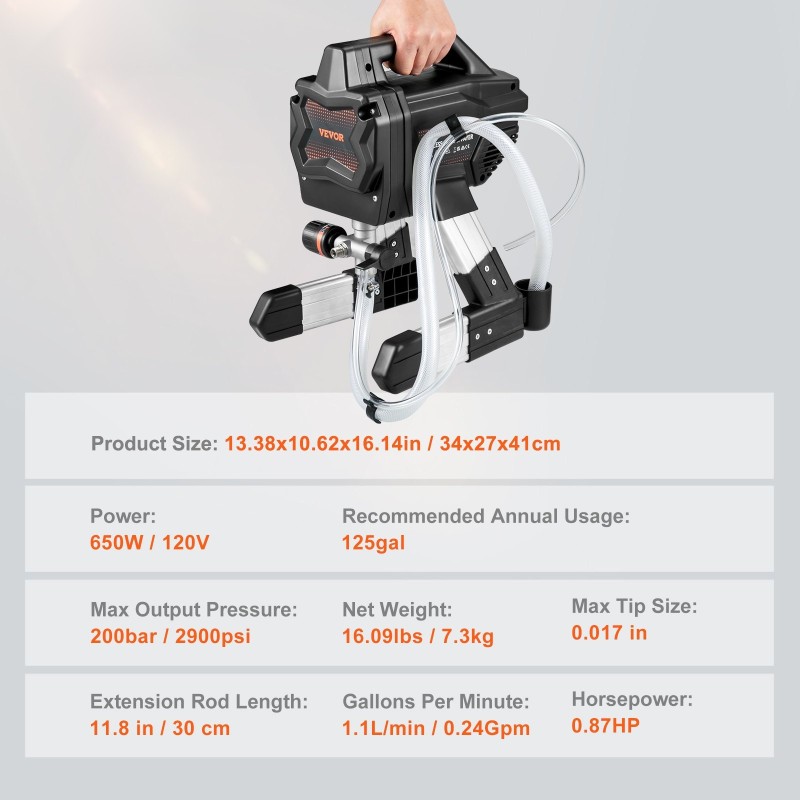Sähkökäyttöinen jalallinen korkeapaineruiskumaalain 650 wattia 200 barin alumiinivarsi 7,5 metrin letku