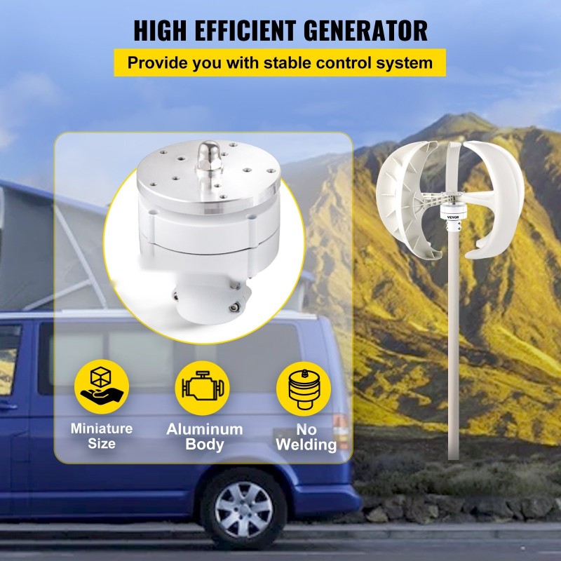 Pystyakselinen tuuligeneraattori 600 watin 12 voltin lyhtymallinen viisilapainen nailonkuitulavoilla