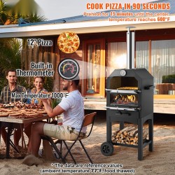 Ulkopizzauuni 12-tuumainen puulämmitteinen teräs taittuvat jalat irrotettavat pyörät