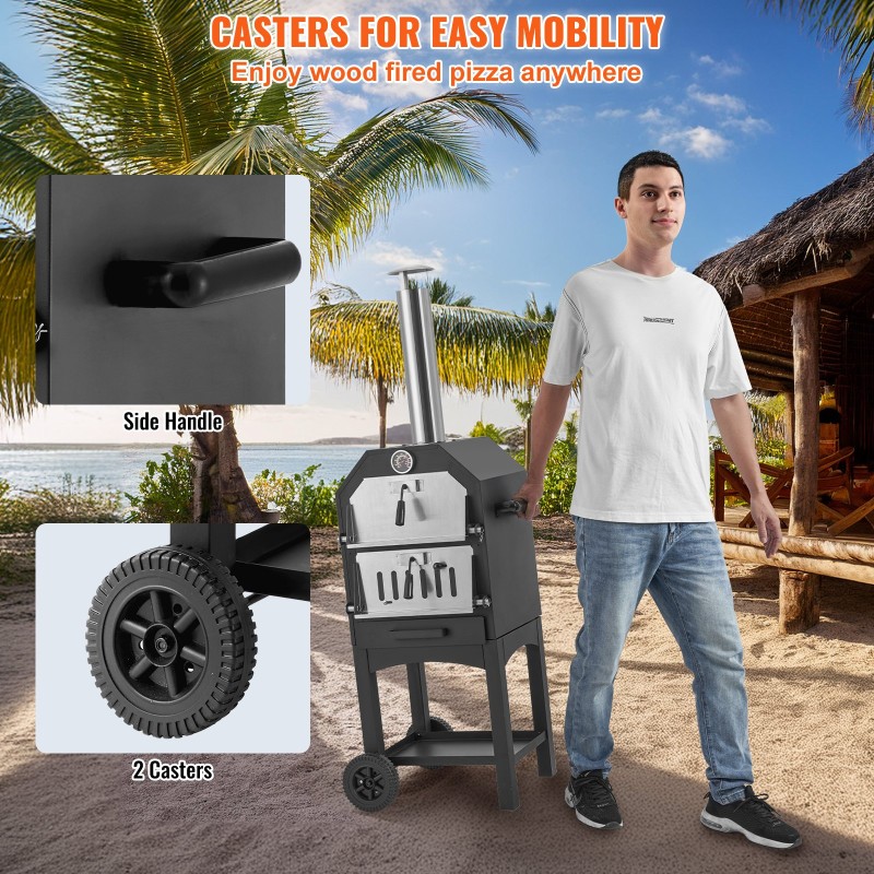 Ulkopizzauuni 12-tuumainen puulämmitteinen teräs taittuvat jalat irrotettavat pyörät