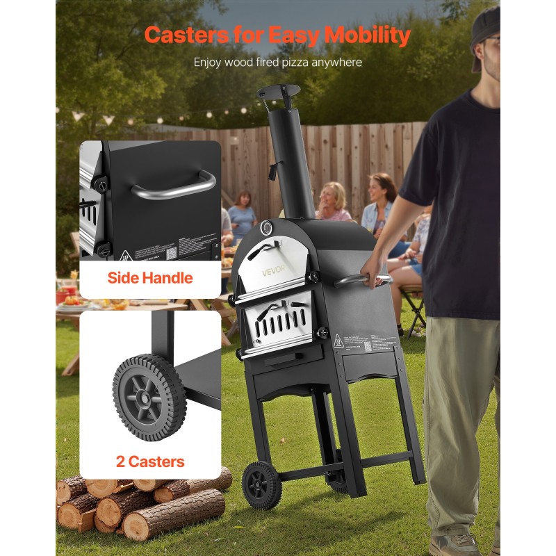 Ulkopizzauuni rautakuori 12-tuumainen kaksitasoinen puulämmitteinen irrotettavilla pyörillä