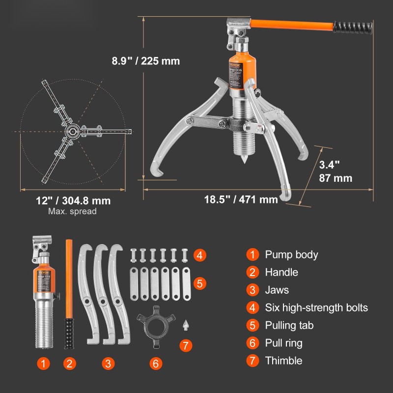 Hydraulinen ulosvedin 15 tonnia 30,5 cm leukakoko laakereille ja vaihteille kaksi- ja kolmileukainen