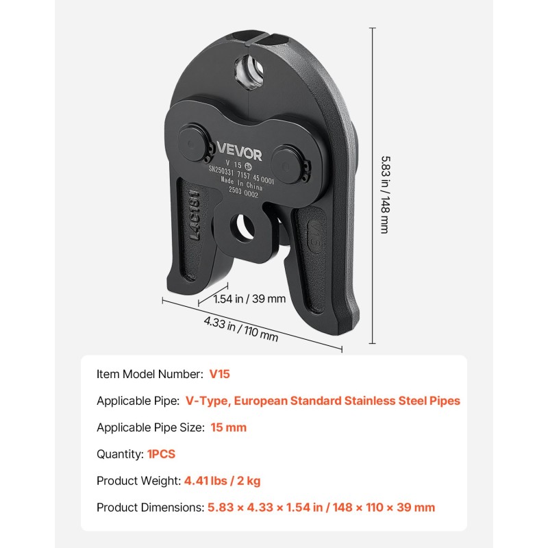 Puristusleuka 15 mm hiiletyskarkaistu teräs V-tyypin eurooppalaisen standardin ruostumattomille putkille 1 kpl