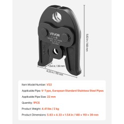 Puristusleuka V-tyypin 22 mm karkaistusta teräksestä ruostumattomille putkille 1 kpl