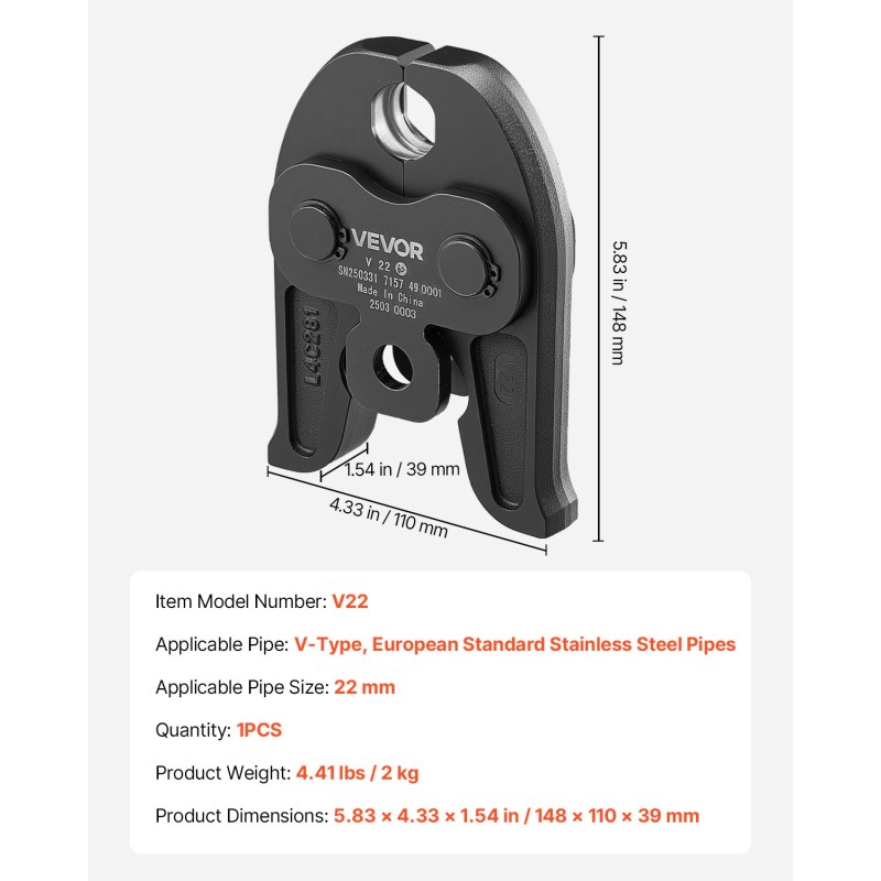 Puristusleuka V-tyypin 22 mm karkaistusta teräksestä ruostumattomille putkille 1 kpl