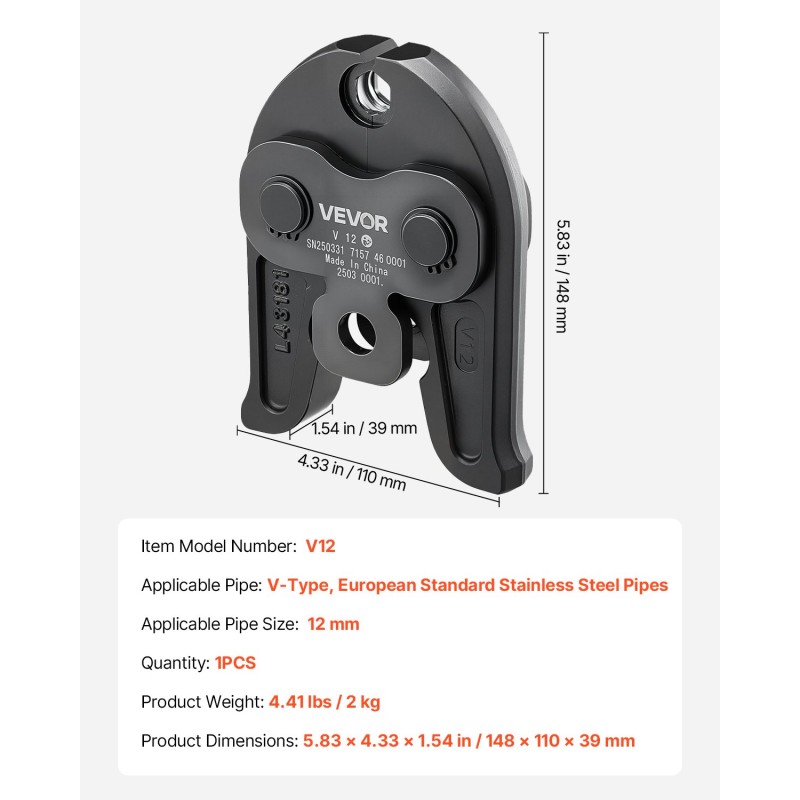 Puristusleuka 12 mm V-tyyppi sementoitua terästä ruostumattomille putkille 1 kappale