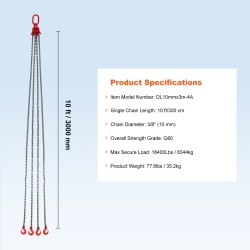 Teräsnostoketju G80 10 mm 300 cm nelijalkainen jousilukitteisilla koukuilla 8344 kg