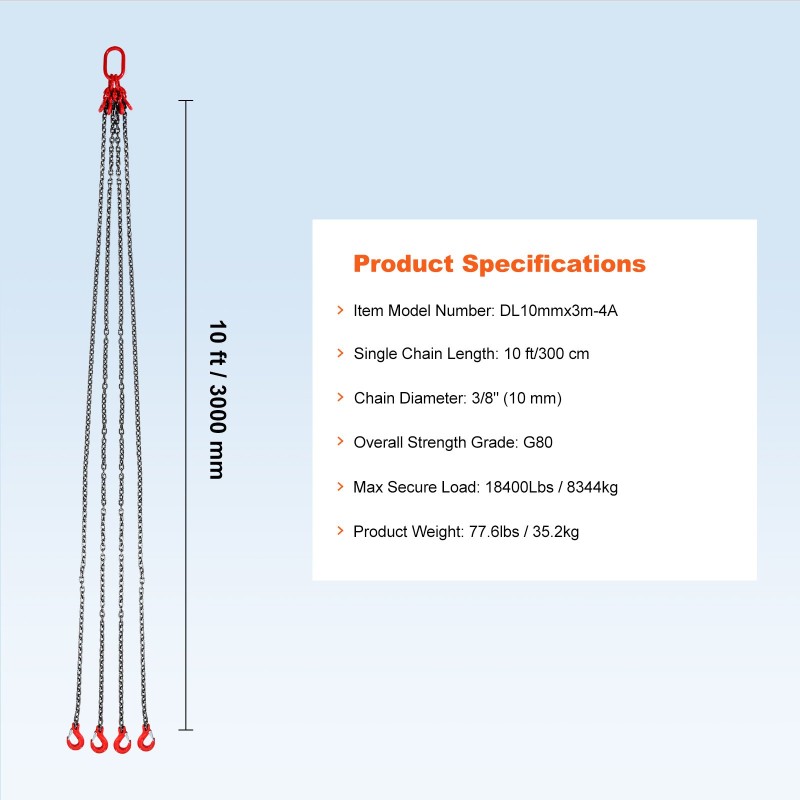 Teräsnostoketju G80 10 mm 300 cm nelijalkainen jousilukitteisilla koukuilla 8344 kg
