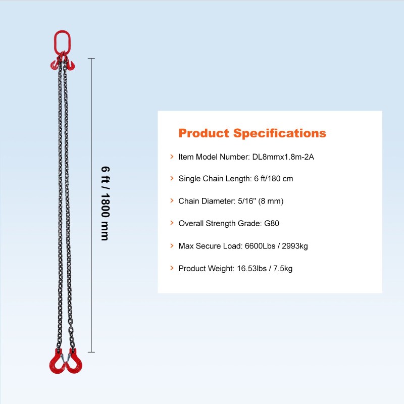 Nostoketju teräs G80 8 mm 182,9 cm kaksijalkainen jousisalpakoukuilla 2993 kg