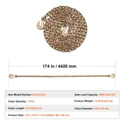 Kuormansidontaketju G80 8 mm 433 cm tartuntakoukuilla 2,22 t