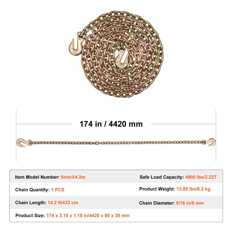 Kuormansidontaketju G80 8 mm 433 cm tartuntakoukuilla 2,22 t