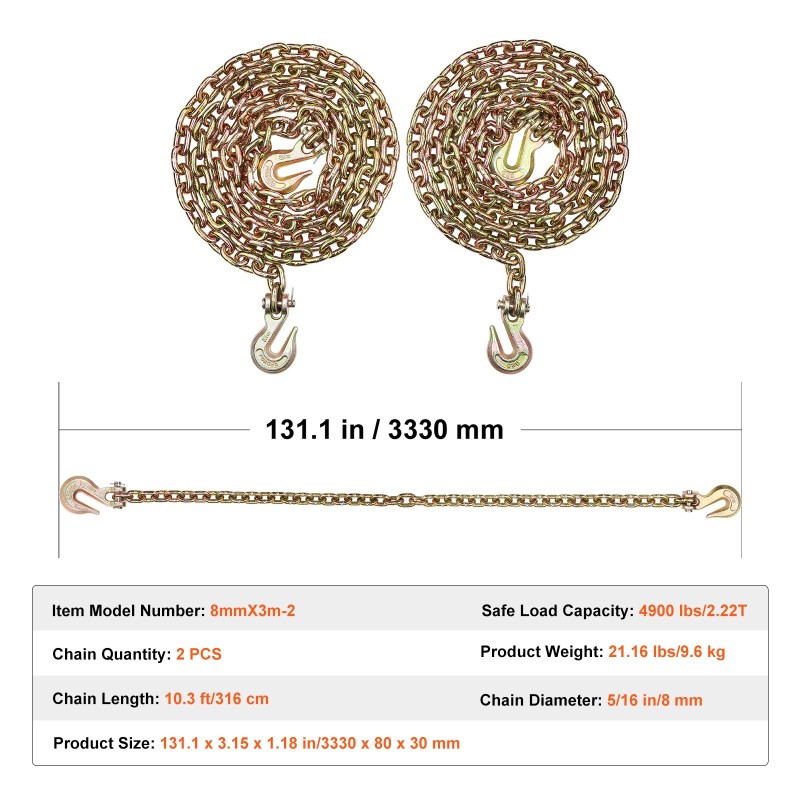 Kuljetusketjut seoskarkaistusta teräksestä 8 mm 316 cm 2 kpl 2,22 t