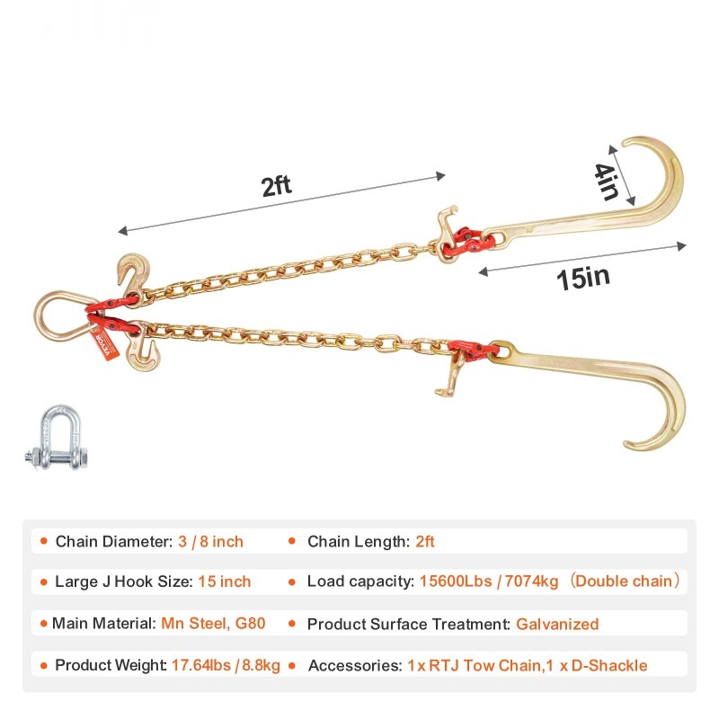 V-mallinen lujuusluokan G80 hinausketju mangaaniteräs 10 mm kahdella 60 cm haaralla galvanoitu