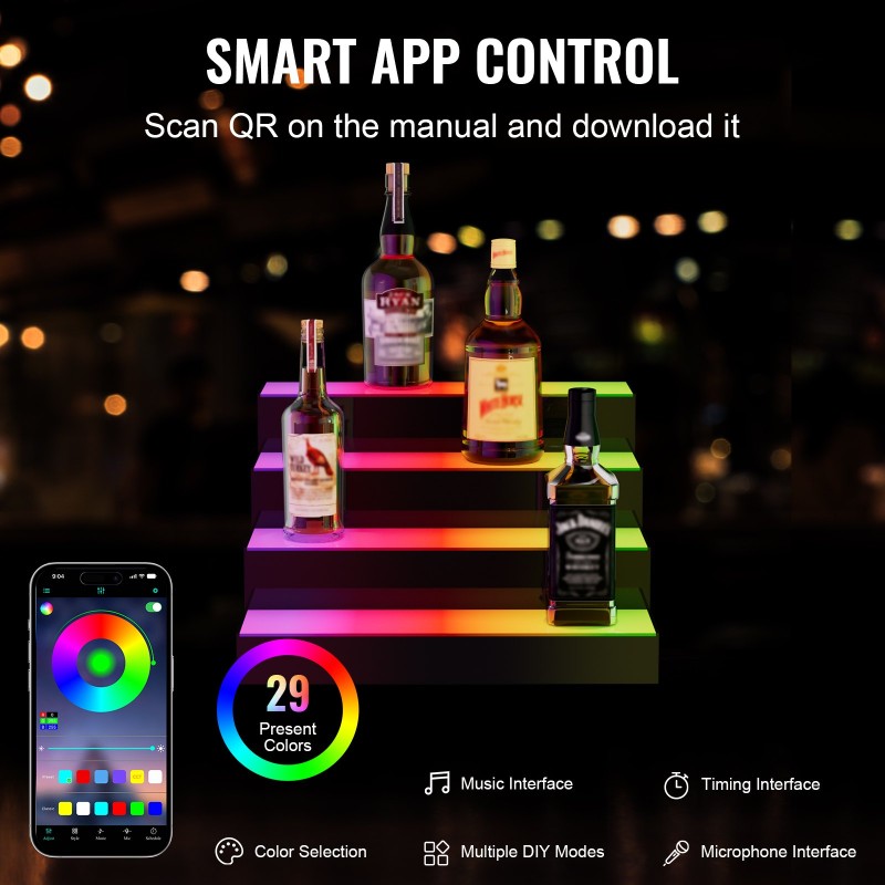 Akryylinen 3-portainen LED-pulloteline 40 cm monivärivaloilla RF ja sovellusohjaus