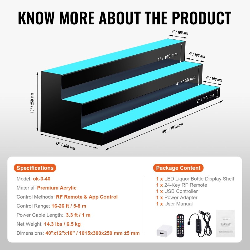 Monivärinen LED-valaistu akryylipulloteline 1015 mm RF-kaukosäädin sovellusohjaus