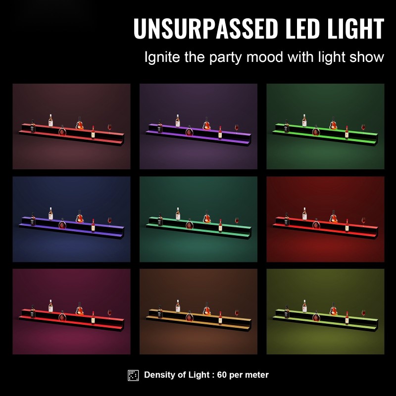 Akryylinen 2-tasoinen pullohylly 1828 mm monivärisellä LED-valaistuksella RF-kaukosäätimellä ja sovellusohjauksella