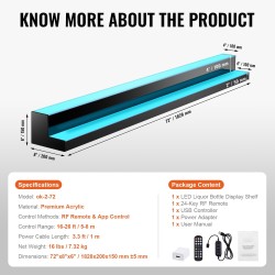 Akryylinen 2-tasoinen pullohylly 1828 mm monivärisellä LED-valaistuksella RF-kaukosäätimellä ja sovellusohjauksella