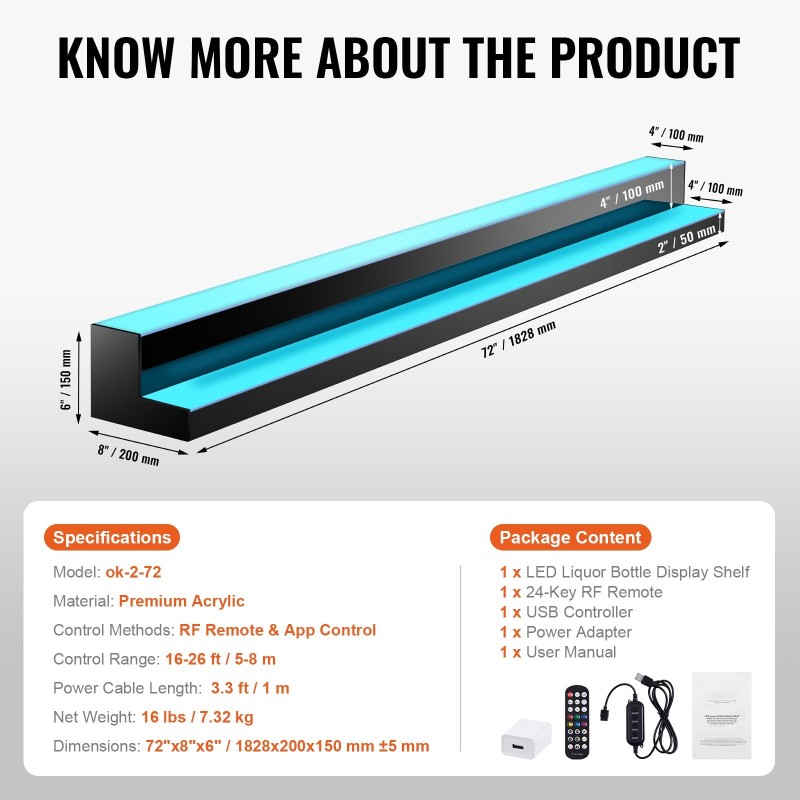 Akryylinen 2-tasoinen pullohylly 1828 mm monivärisellä LED-valaistuksella RF-kaukosäätimellä ja sovellusohjauksella