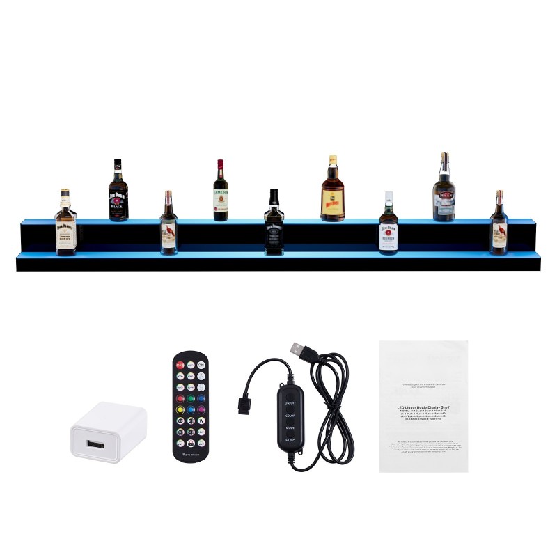 Akryylinen 2-tasoinen pullohylly 1828 mm monivärisellä LED-valaistuksella RF-kaukosäätimellä ja sovellusohjauksella