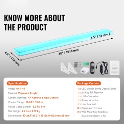 LED-valaistu akryylinen 1-portainen pulloteline 1016 mm seinälle tai pöydälle