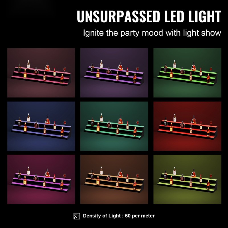 Akryylinen pulloteline 152,4 cm 3-portainen monivärinen LED-valaistus radiokaukosäädin sovellusohjaus