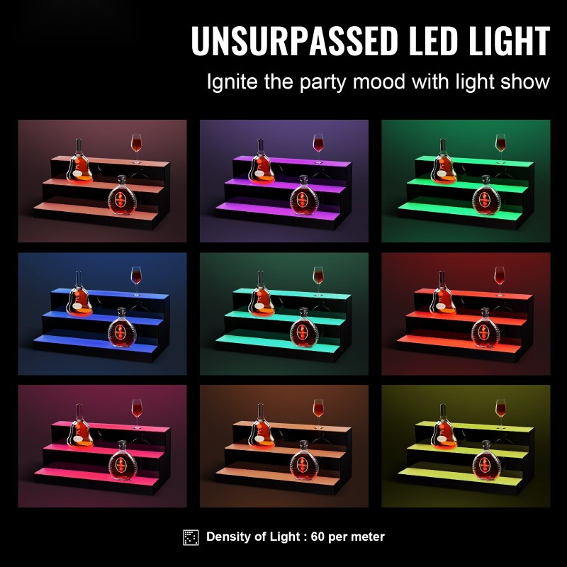 Valaistu akryylinen pulloteline 3-portainen 600x300x250 mm monivärinen valaistus kaukosäätimellä ja sovellusohjauksella