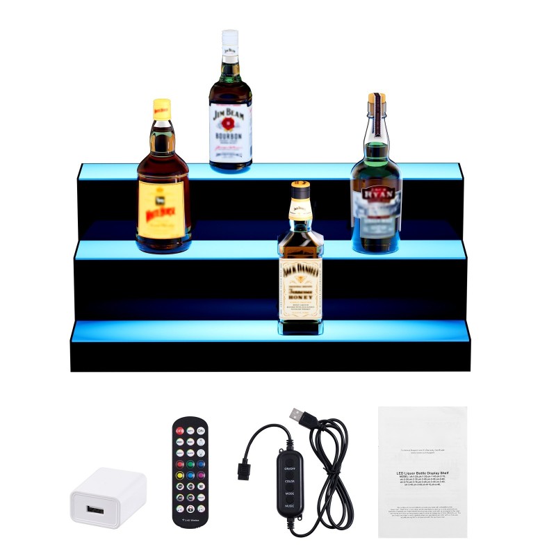 Valaistu akryylinen pulloteline 3-portainen 600x300x250 mm monivärinen valaistus kaukosäätimellä ja sovellusohjauksella